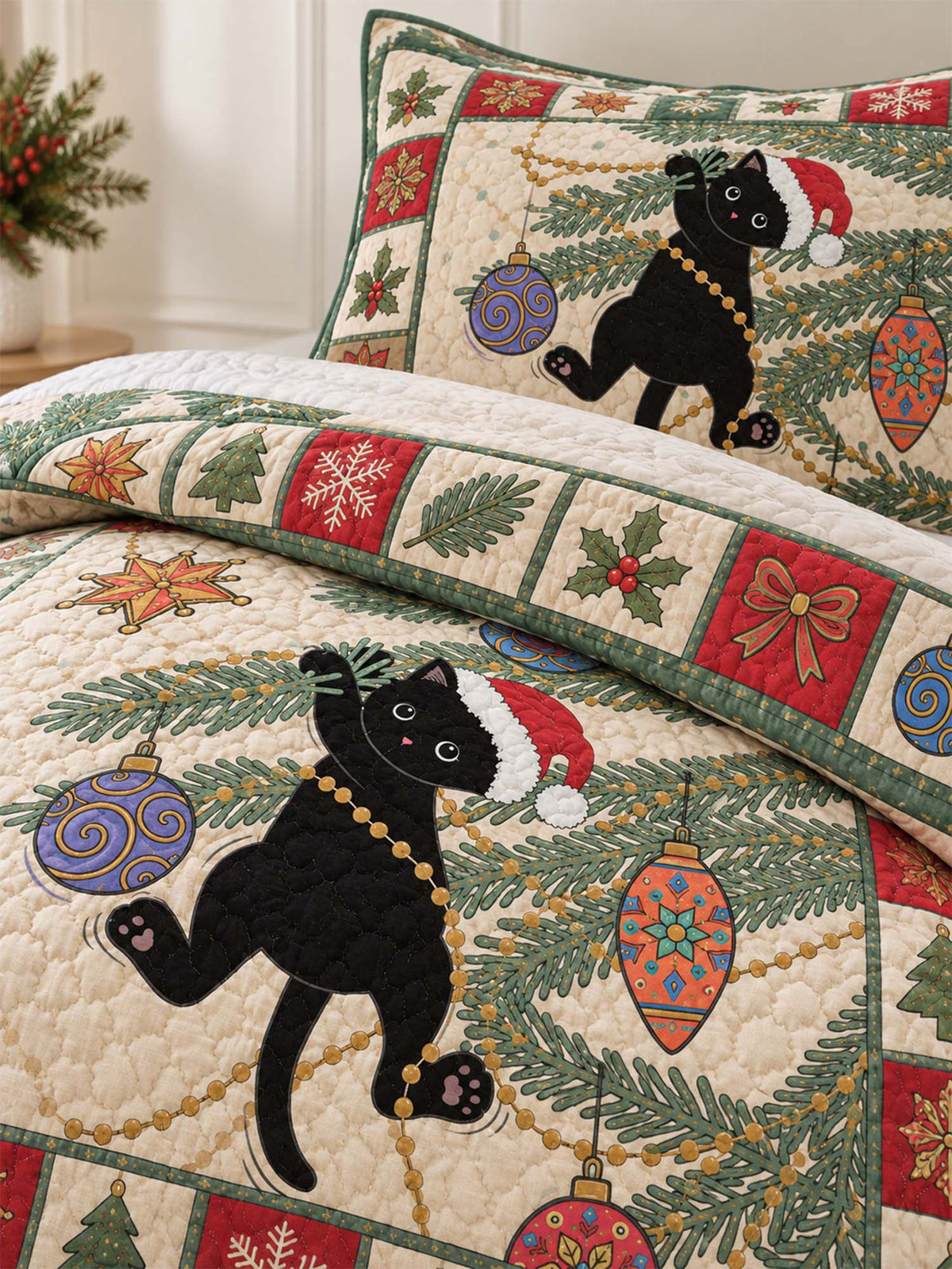 Festive Black Cat Christmas Quilted 3-Piece Bedding Set