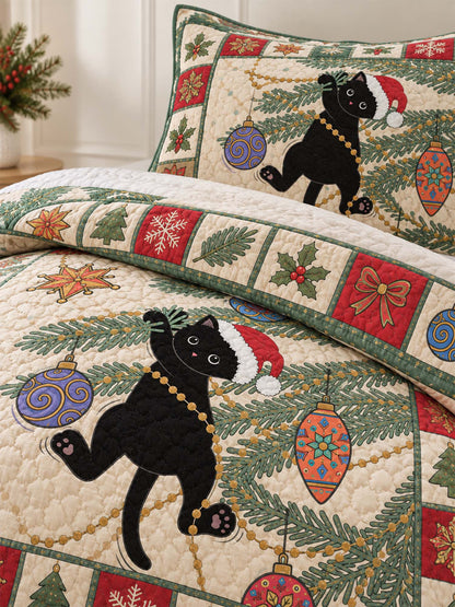 Festive Black Cat Christmas Quilted 3-Piece Bedding Set