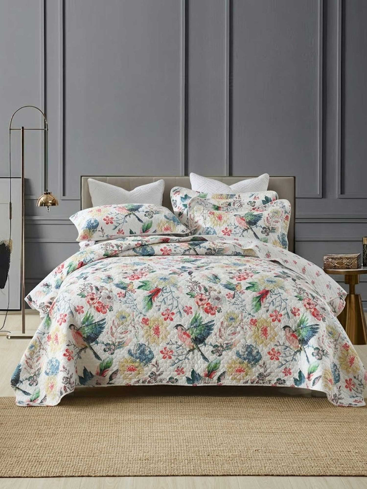 Vintage Bird Floral Garden Print Quilted 3‑Piece Bedding Set