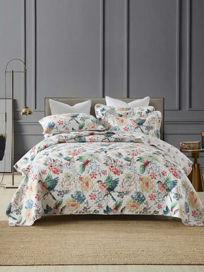 Vintage Bird Floral Garden Print Quilted 3‑Piece Bedding Set