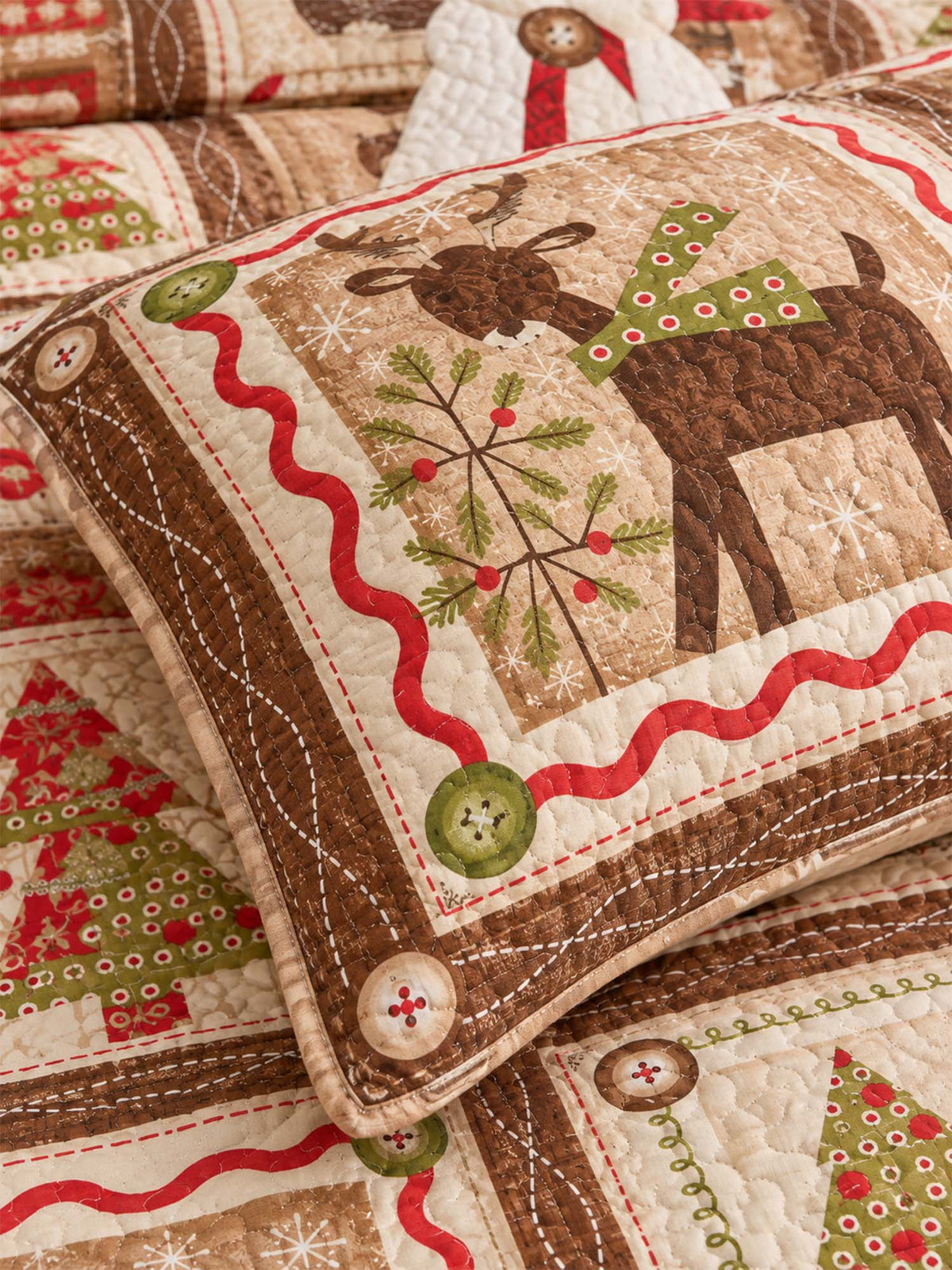 Rustic Reindeer Snowman Christmas Quilted 3-Piece Bedding Set