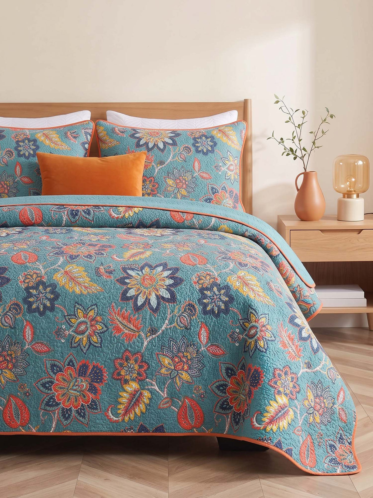 Teal Autumn Bloom Quilted 3-Piece Bedding Set