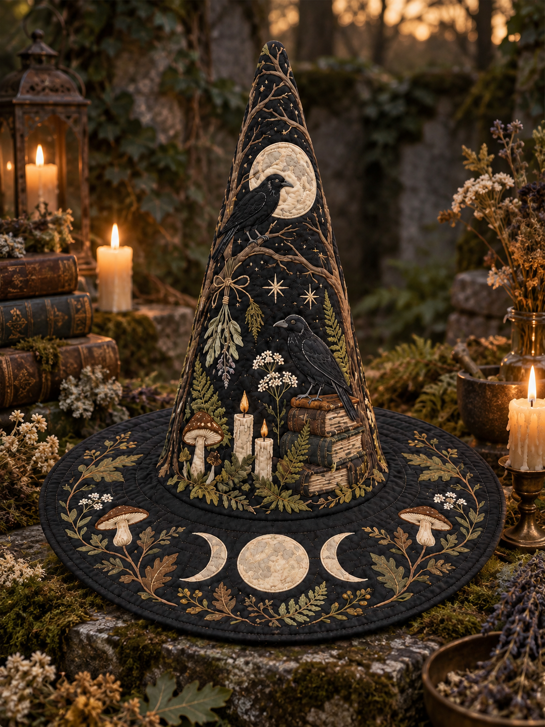 Moonlit Raven Enchanted Library Gothic Handcrafted Quilted Witch Hat