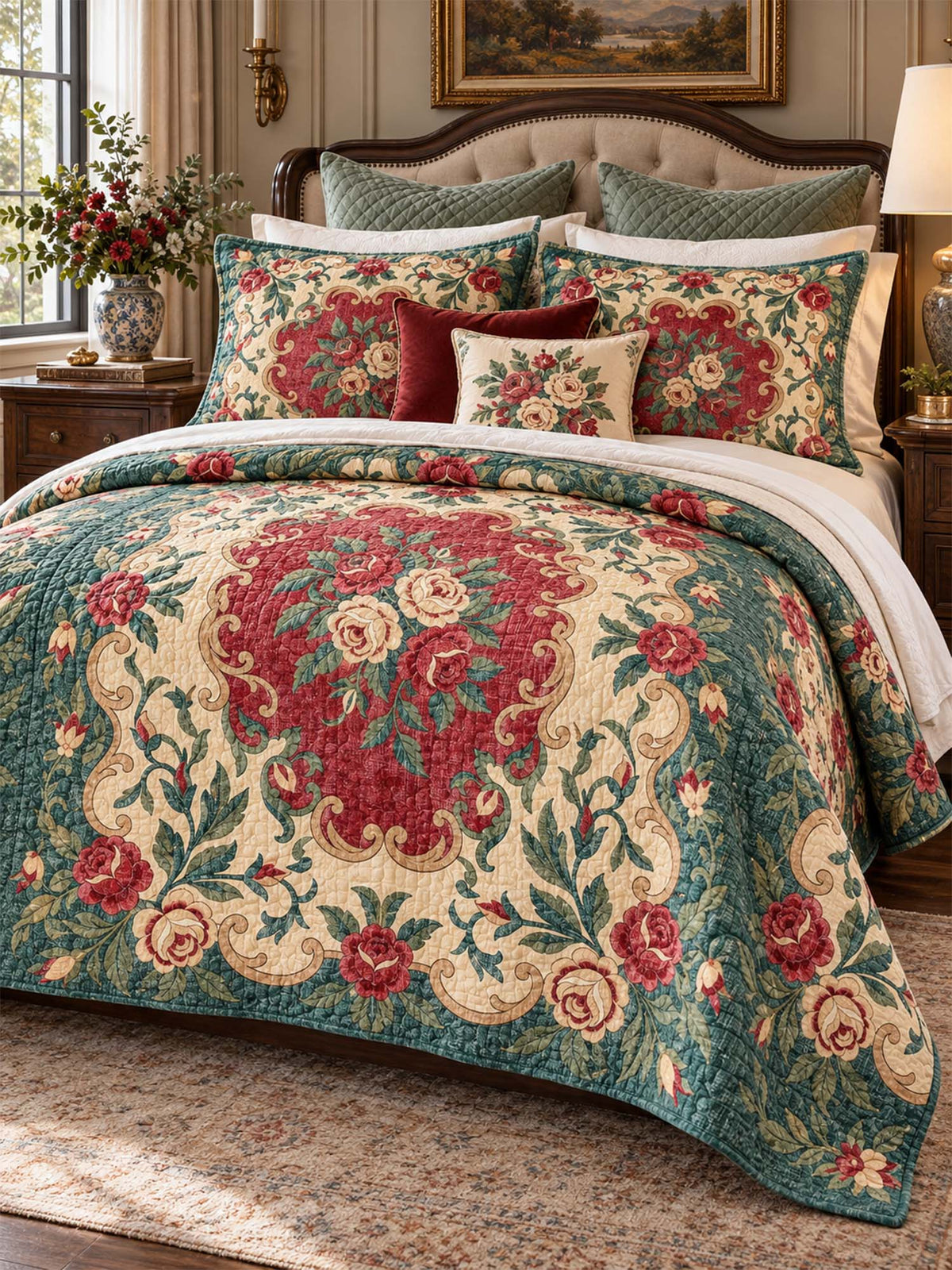 Vintage Rose Garden Quilted 3-Piece Bedding Set