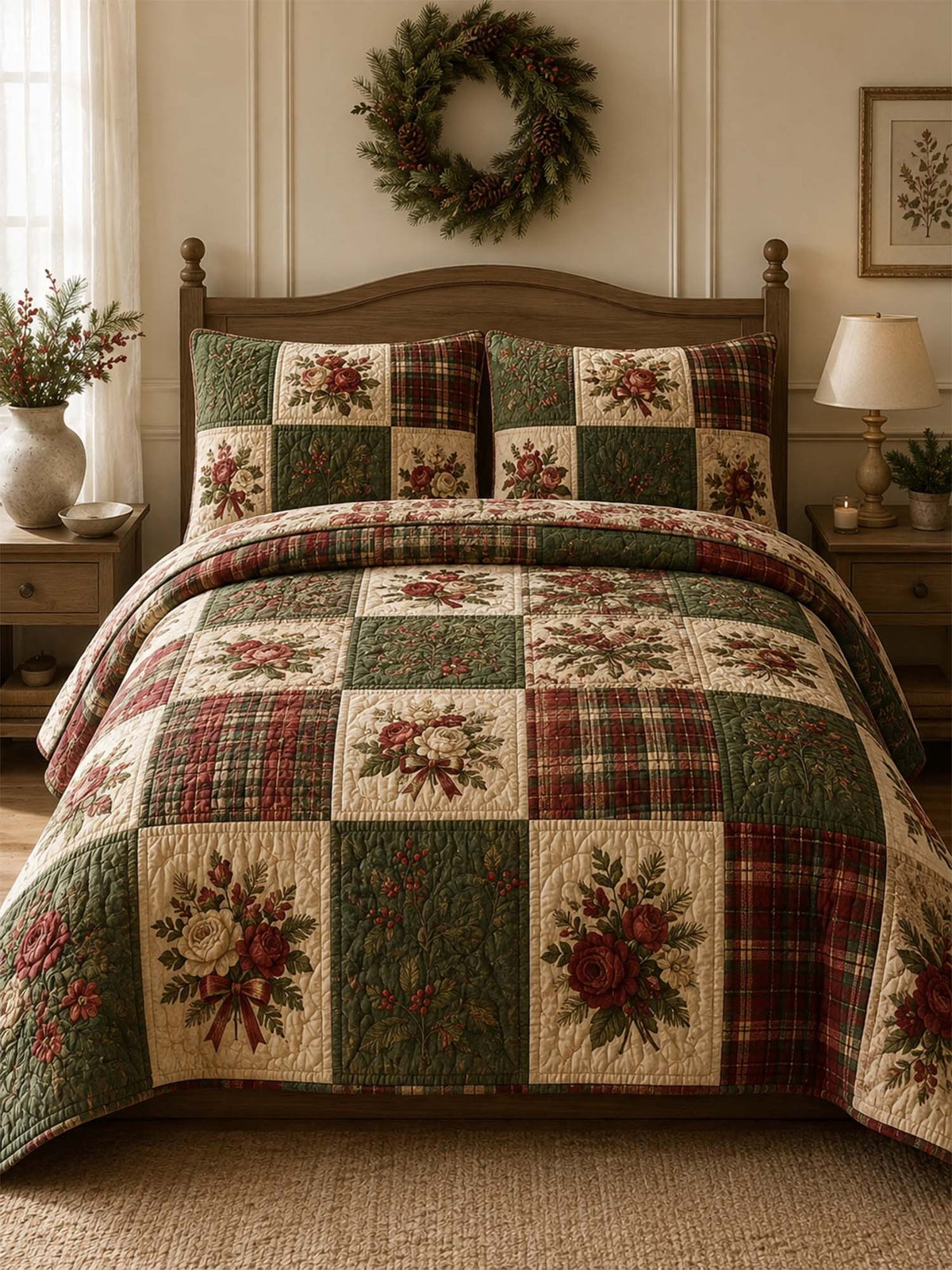 Christmas Rose Patchwork Quilted 3-Piece Bedding Set