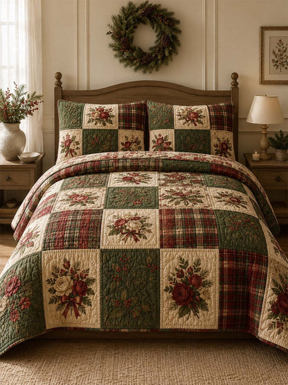Christmas Rose Patchwork Quilted 3-Piece Bedding Set