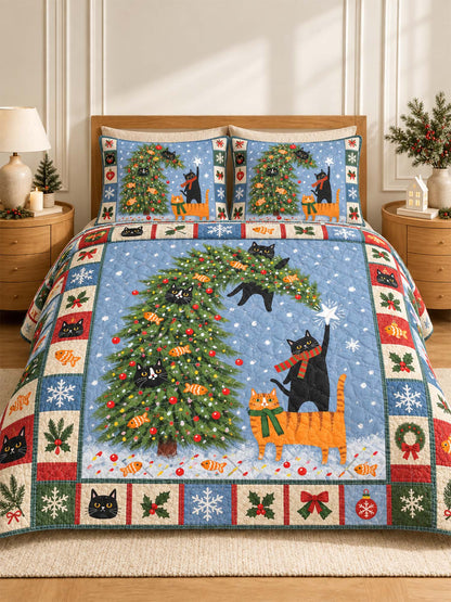 Christmas Tree Cats Quilted 3-Piece Bedding Set