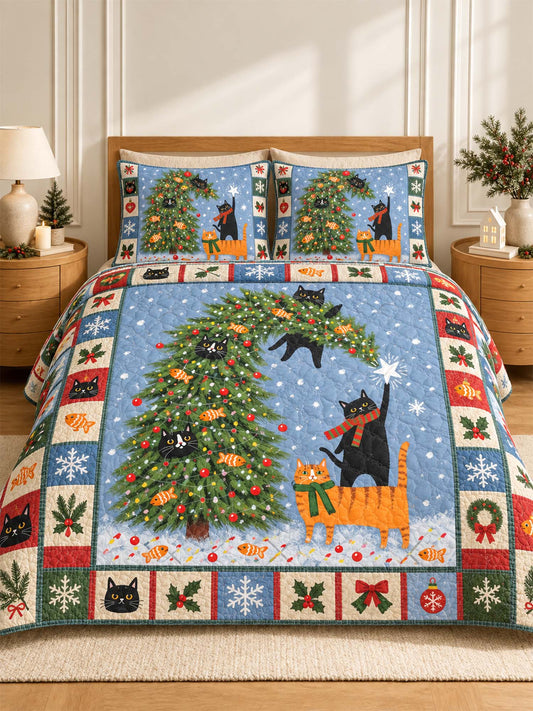 Christmas Tree Cats Quilted 3-Piece Bedding Set
