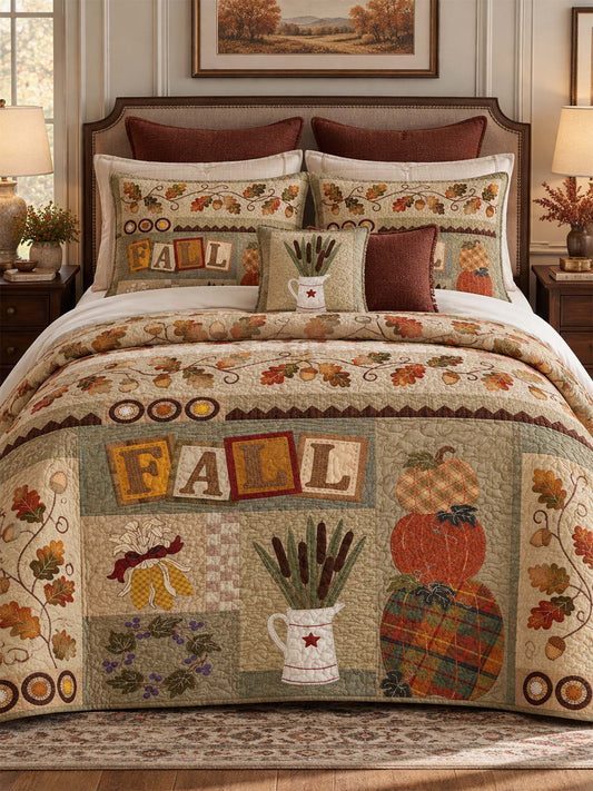 Fall Pumpkin Harvest Patchwork Quilted 3-Piece Bedding Set