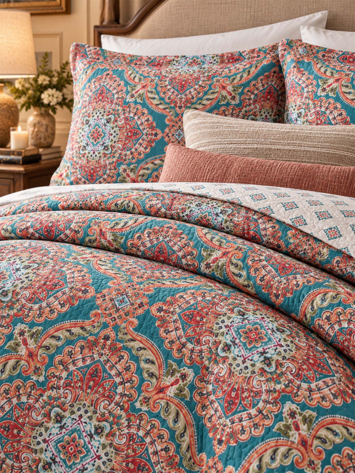 Turquoise Boho Medallion Reversible 100% Cotton Quilted Bedding Set