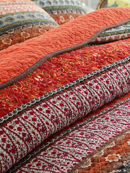 Rust Orange Bohemian Striped Patchwork Quilted 3‑Piece Bedding Set