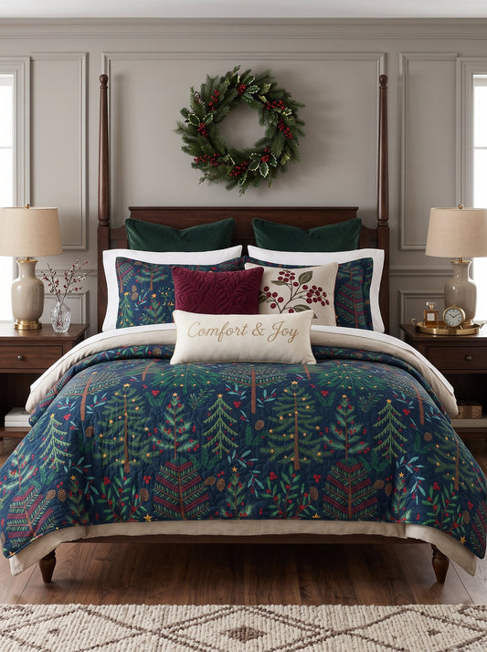 Evergreen Forest Christmas Quilted 3-Piece Bedding Set