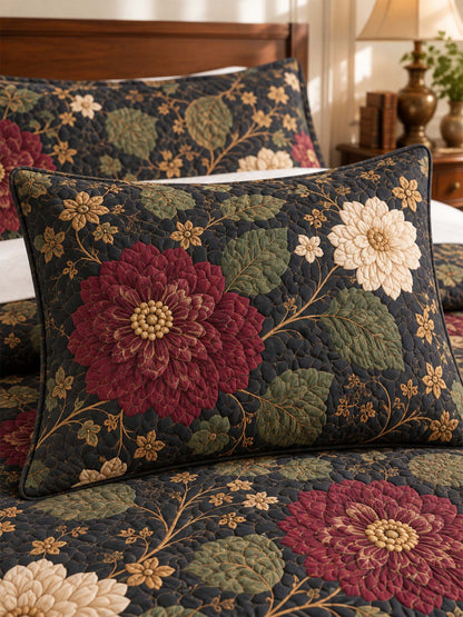 H.PAI Dark Botanical Floral Quilted 3-Piece Bedding Set