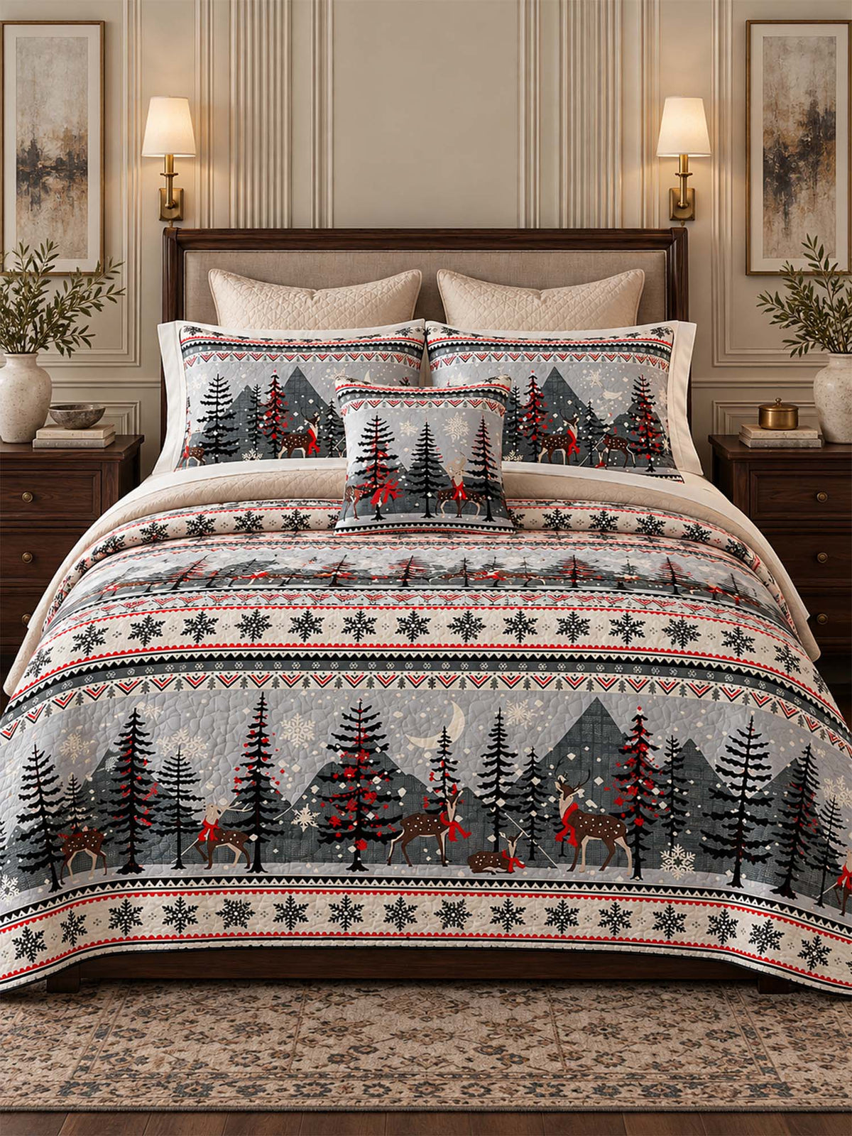 Winter Forest Deer Mountain Fair Isle Quilted 3-Piece Bedding Set