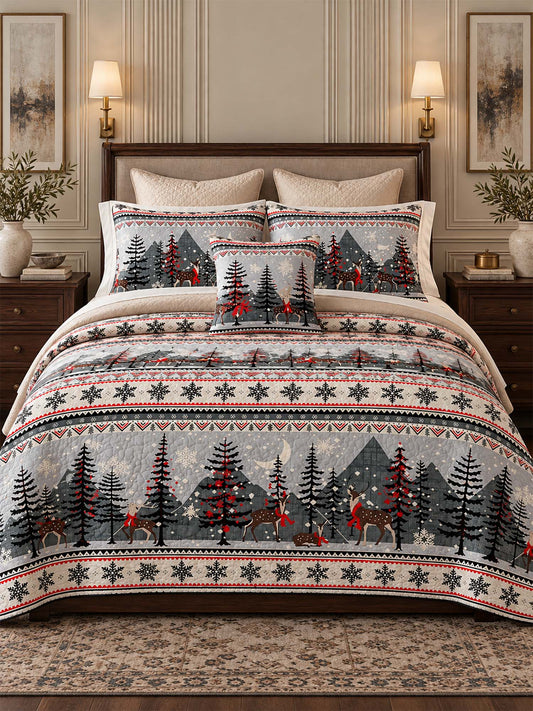 Winter Forest Deer Mountain Fair Isle Quilted 3-Piece Bedding Set