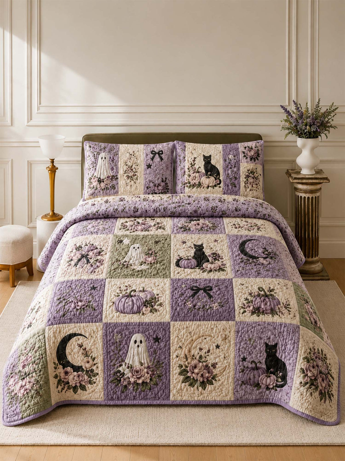 H.PAI Pumpkin Cat Ghost Garden Quilted 3-Piece Bedding Set