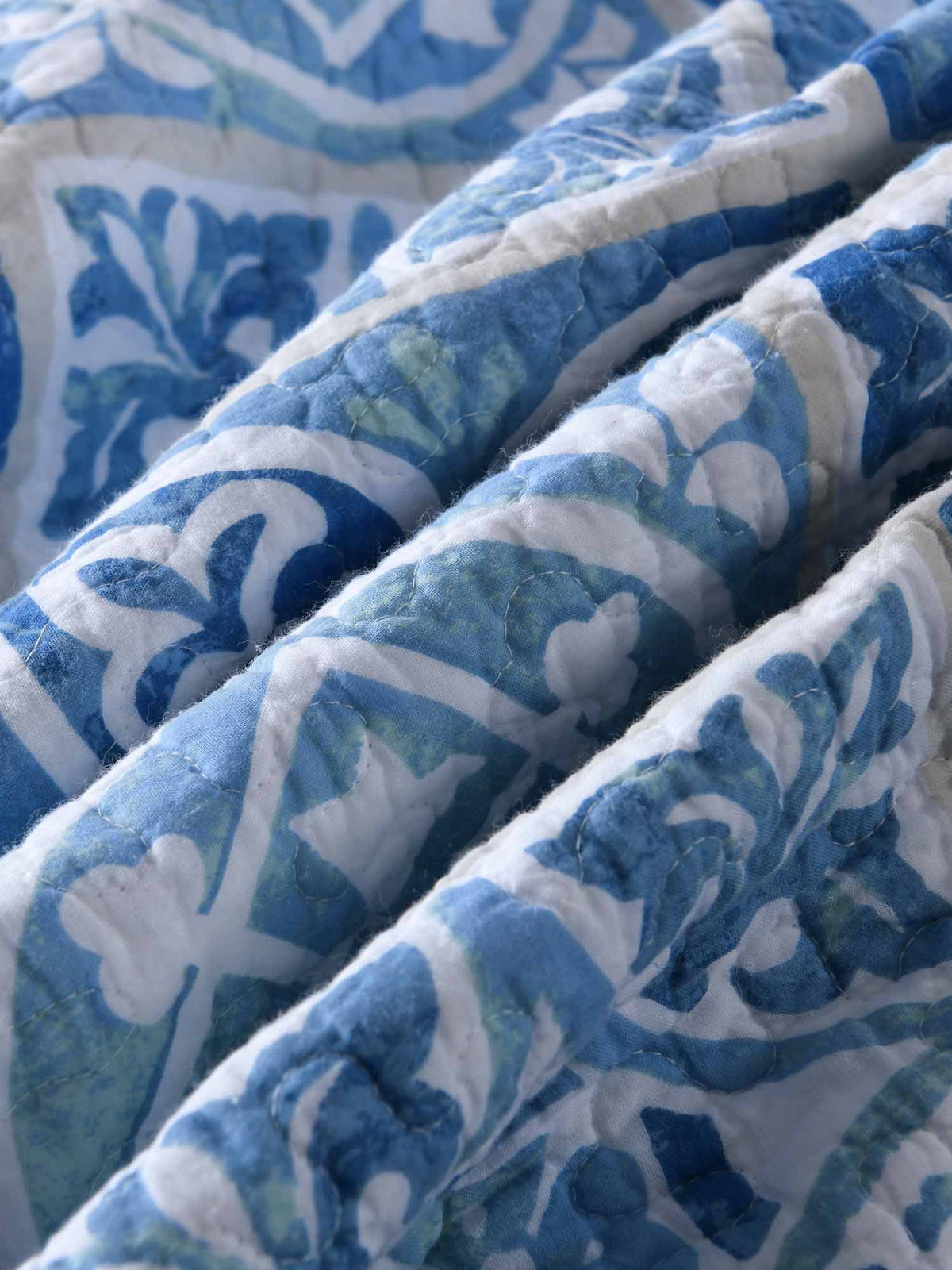 Coastal Boho Blue Portuguese Tile Print Quilted 3‑Piece Bedding Set