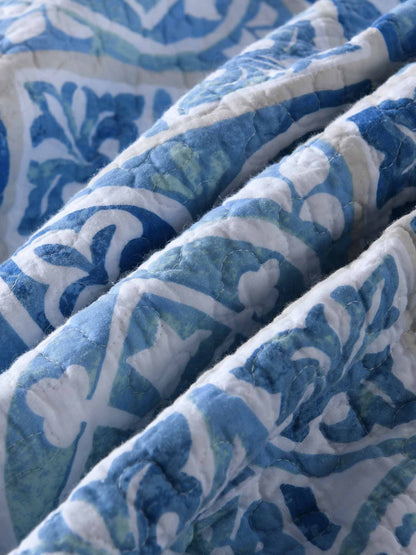 Coastal Boho Blue Portuguese Tile Print Quilted 3‑Piece Bedding Set