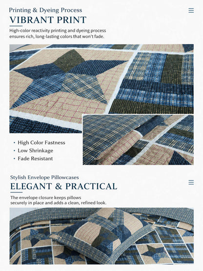 Navy Denim Blue Star Print Quilted 3‑Piece Bedding Set