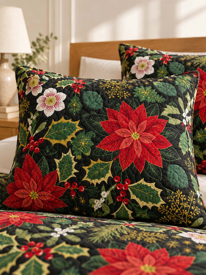 Poinsettia Holly Christmas Quilted 3-Piece Bedding Set