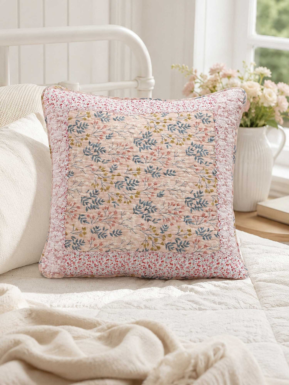 Vintage Pink Ditsy Floral Quilted Pillow Cover