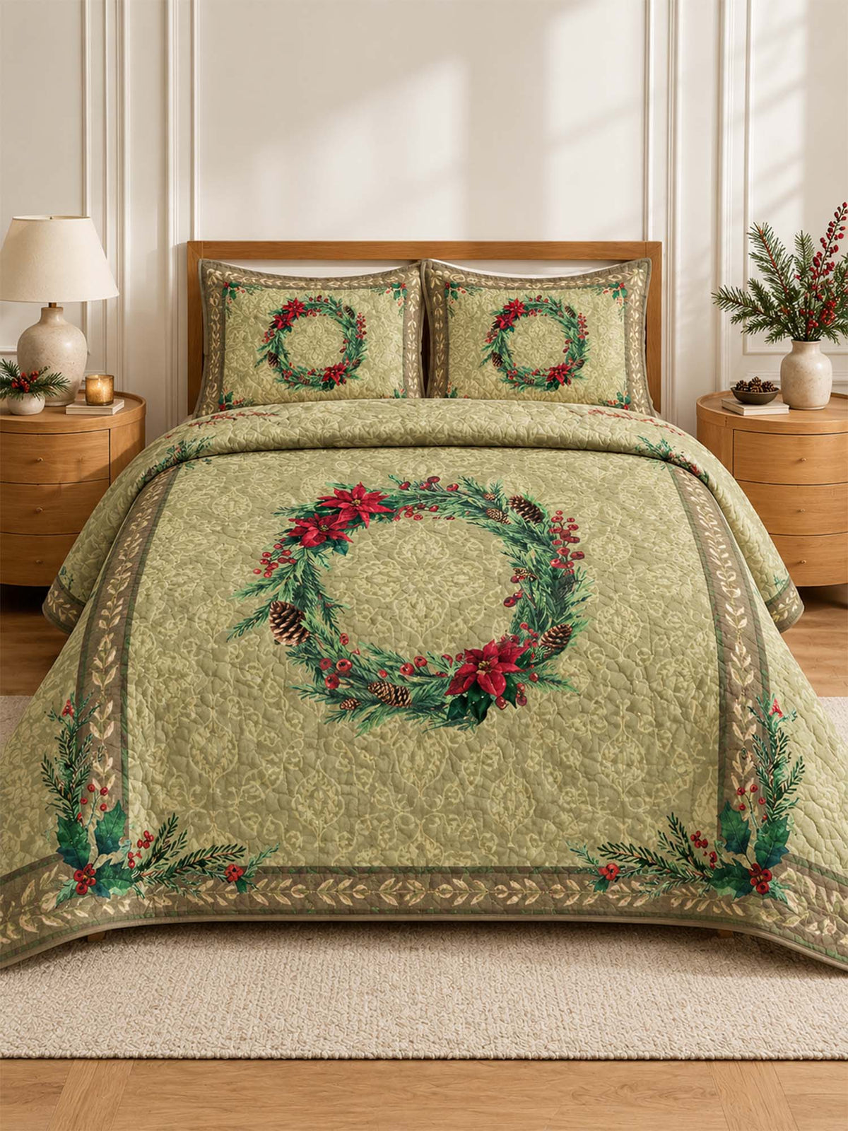Poinsettia Christmas Wreath Quilted 3-Piece Bedding Set