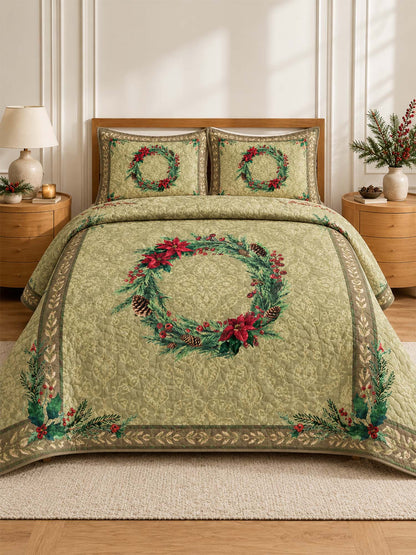 Poinsettia Christmas Wreath Quilted 3-Piece Bedding Set