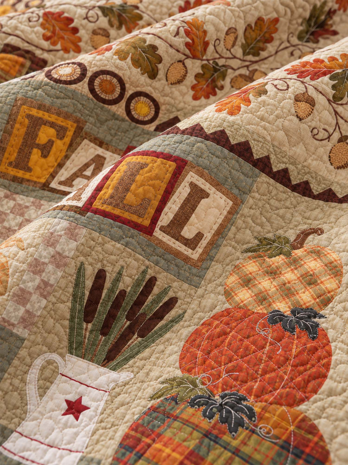 Fall Pumpkin Harvest Patchwork Quilted 3-Piece Bedding Set