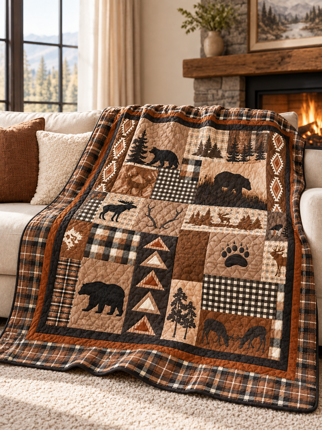 Rustic Bear and Bison Patchwork Quilted 3-Piece Bedding Set