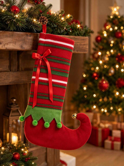 Elf Christmas Stocking, Striped Xmas Hanging Stocking