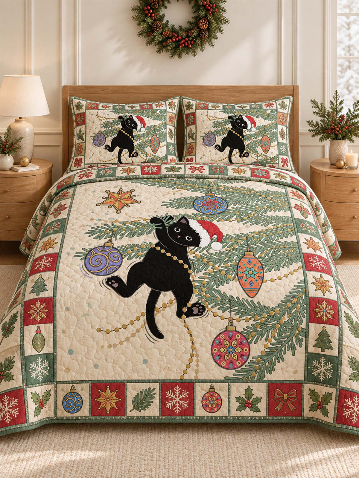 Festive Black Cat Christmas Quilted 3-Piece Bedding Set