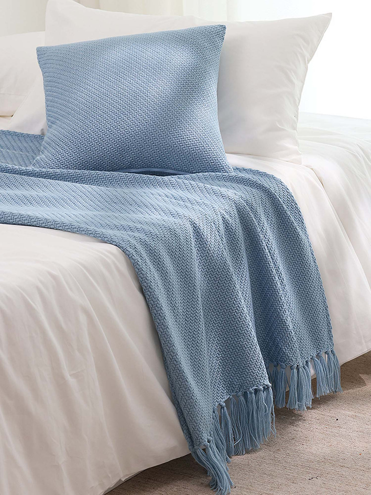Textured Fringe Knitted Throw Blanket & Pillow Cover Set