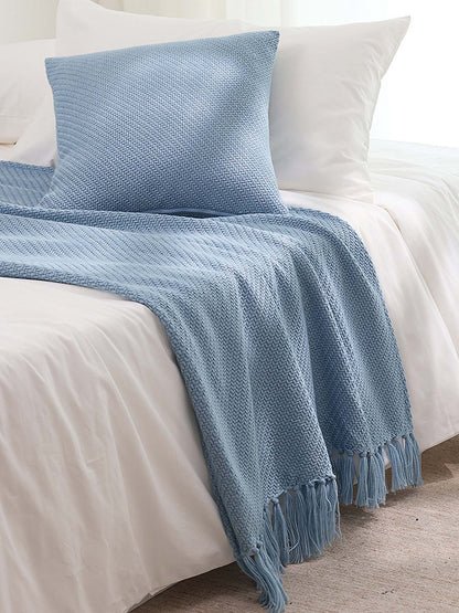 Textured Fringe Knitted Throw Blanket & Pillow Cover Set