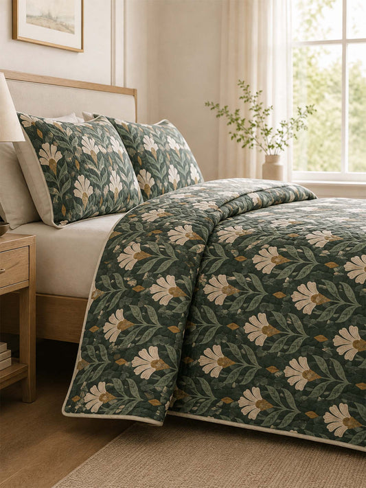 H.PAI Forest Ivory Floral Quilted 3-Piece Bedding Set