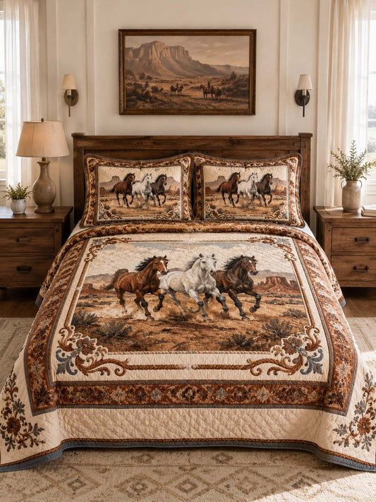 H.PAI Equestrian Horse Patchwork Quilted 3-Piece Bedding Set