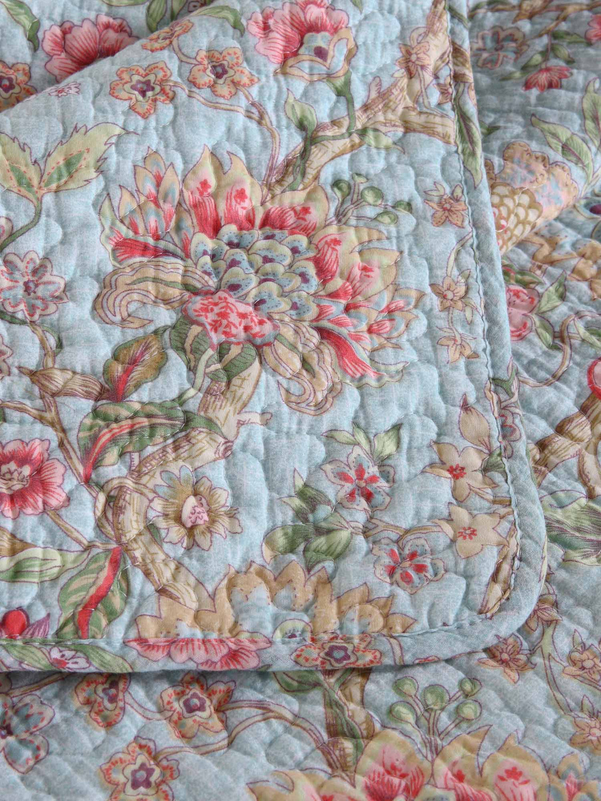 Light Blue Country Garden Floral Print Quilted 3‑Piece Bedding Set