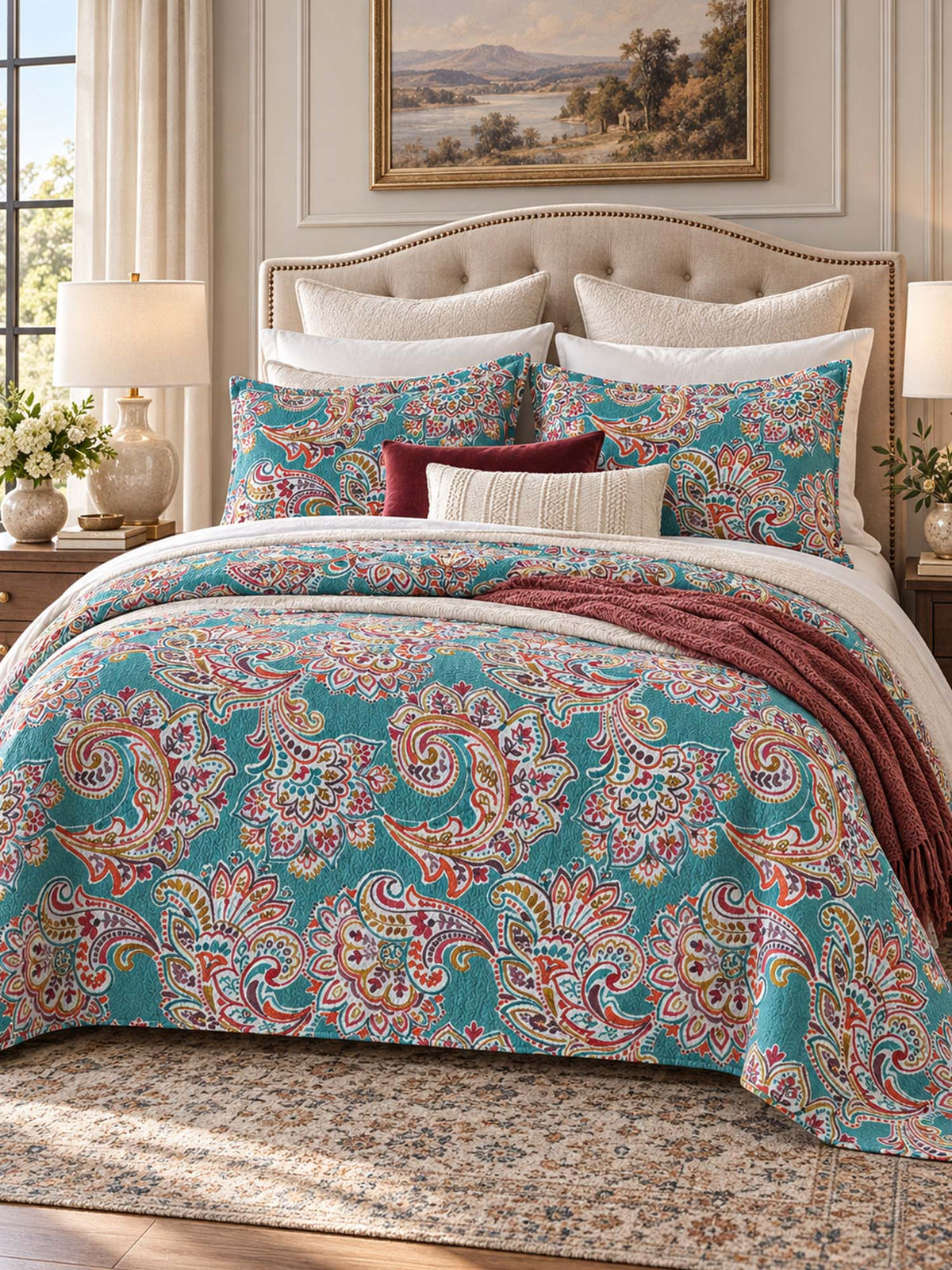 Teal Paisley Floral 100% Cotton Quilted 3-Piece Bedding Set