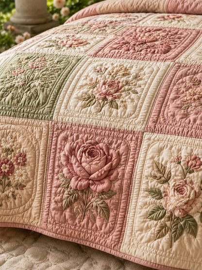 Vintage Rose Floral Quilted 3-Piece Bedding Set
