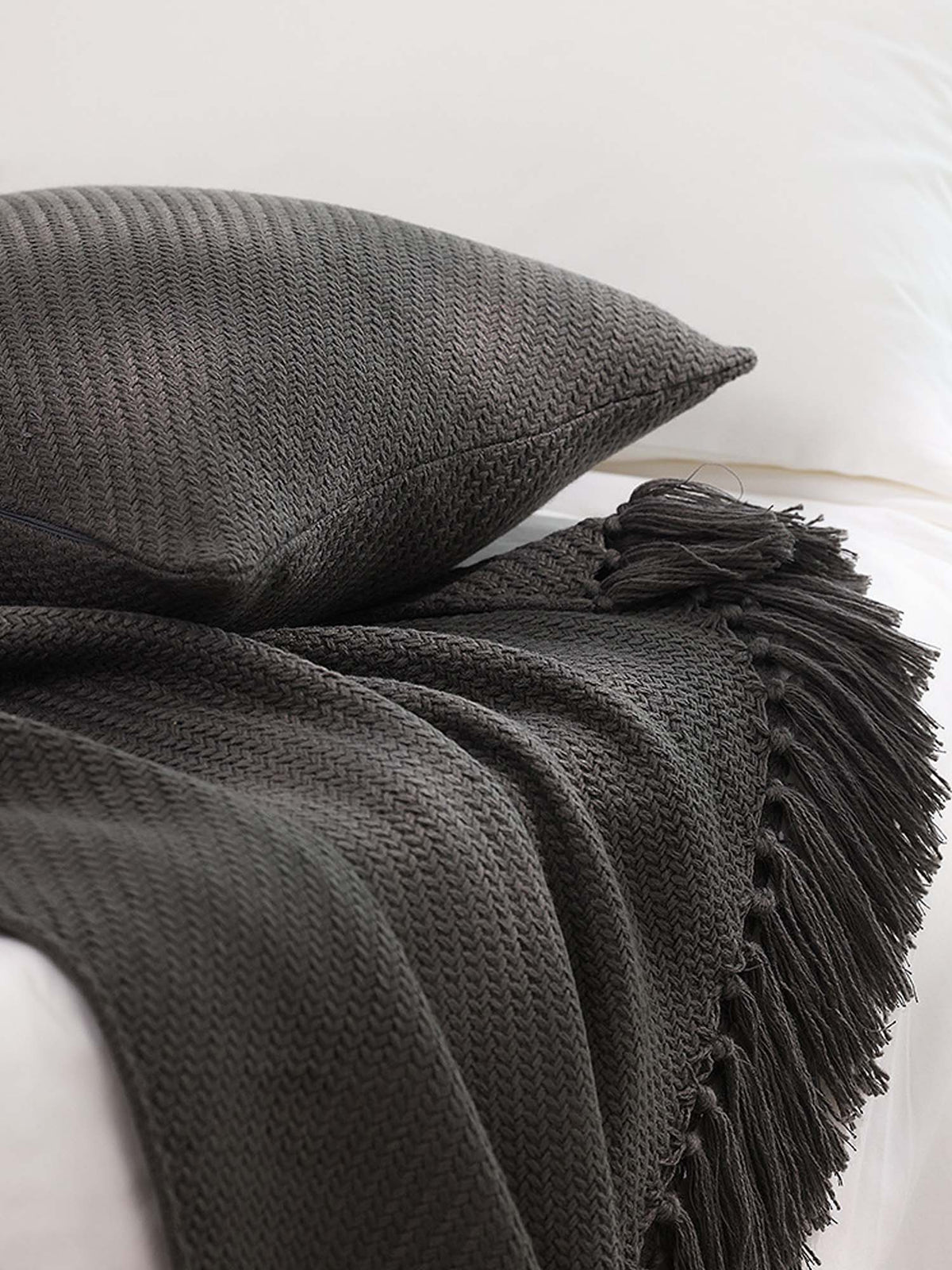 Textured Fringe Knitted Throw Blanket & Pillow Cover Set