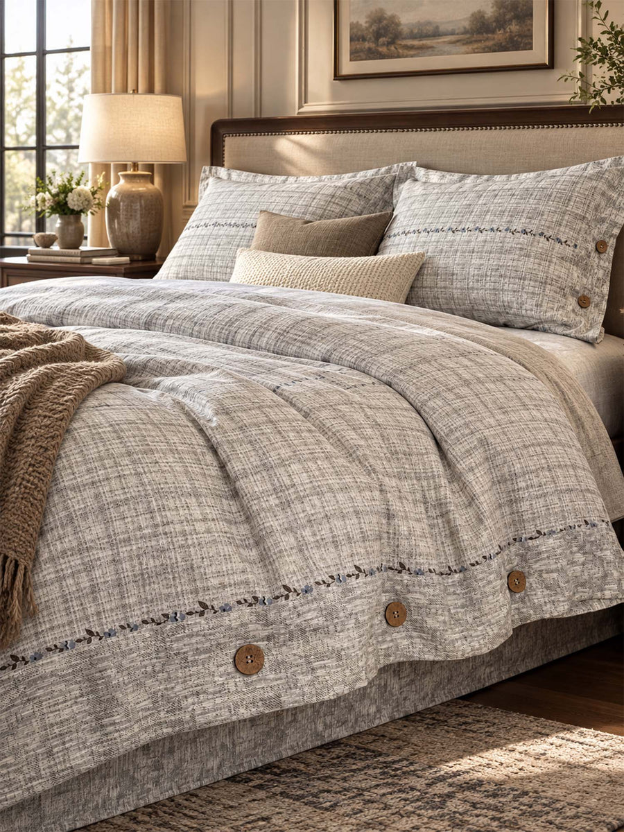 Vintage Botanical Leaf Linen 4-Piece Duvet Cover Bedding Set