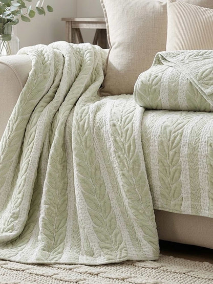 Fresh Green Leaf Vertical Stripe Quilted Bedspread Cotton Puff Quilt Blanket