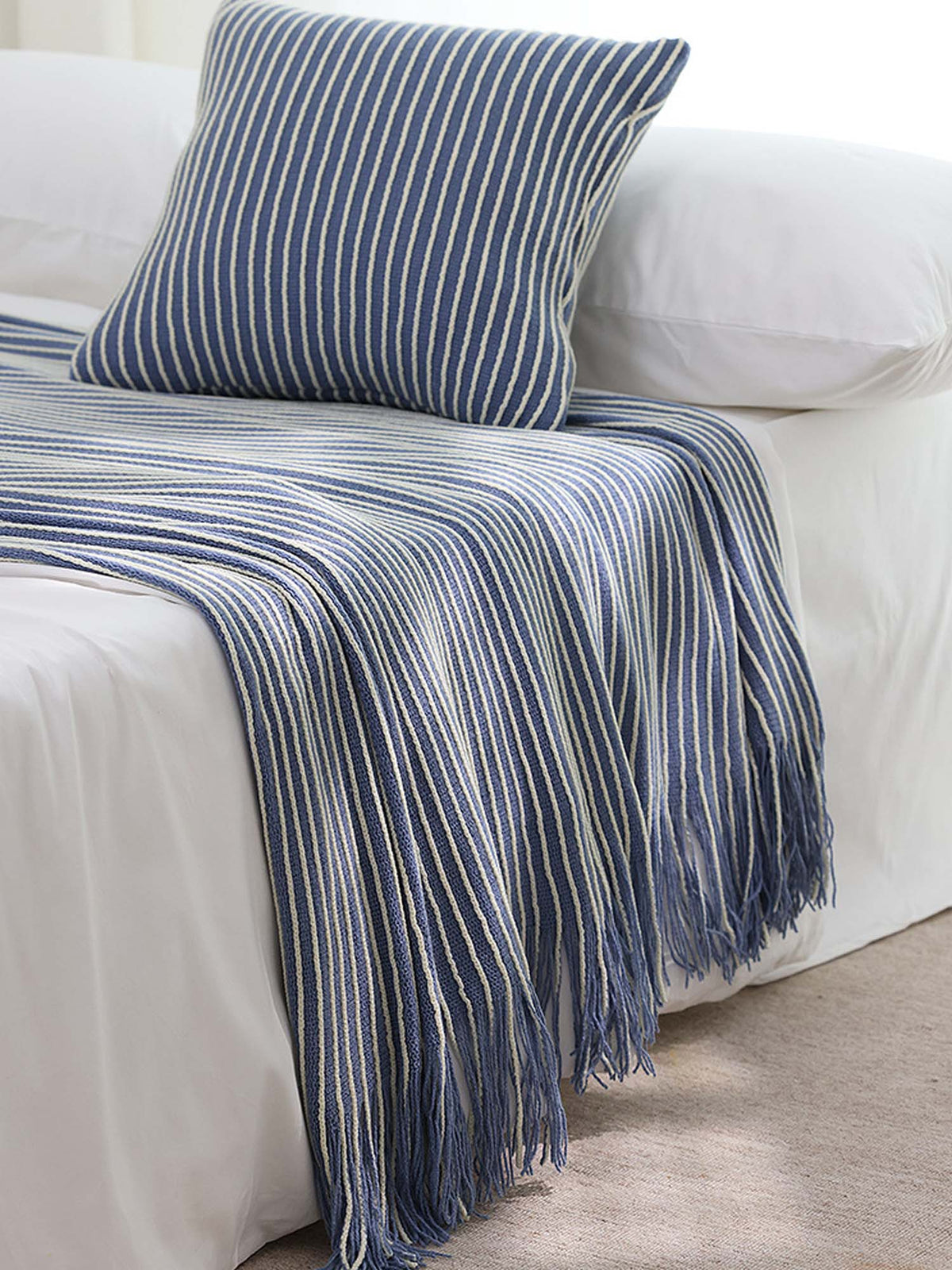 Classic Stripe Knitted Throw Blanket & Pillow Cover Set