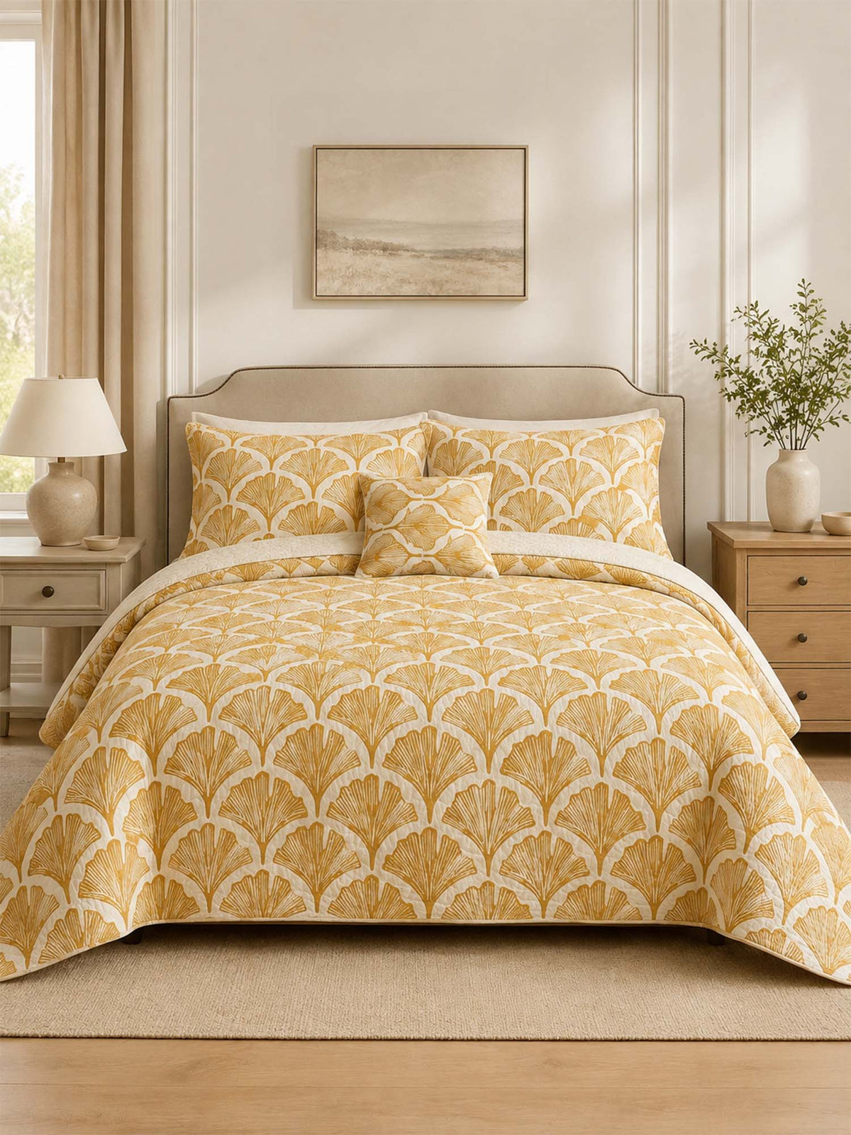 H.PAI Golden Ginkgo Leaf Quilted 3-Piece Bedding Set