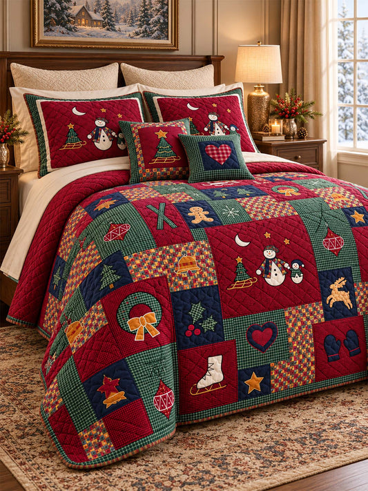 Christmas Snowman Patchwork Quilted 3-Piece Bedding Set