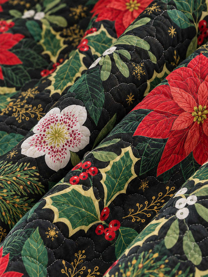 Poinsettia Holly Christmas Quilted 3-Piece Bedding Set