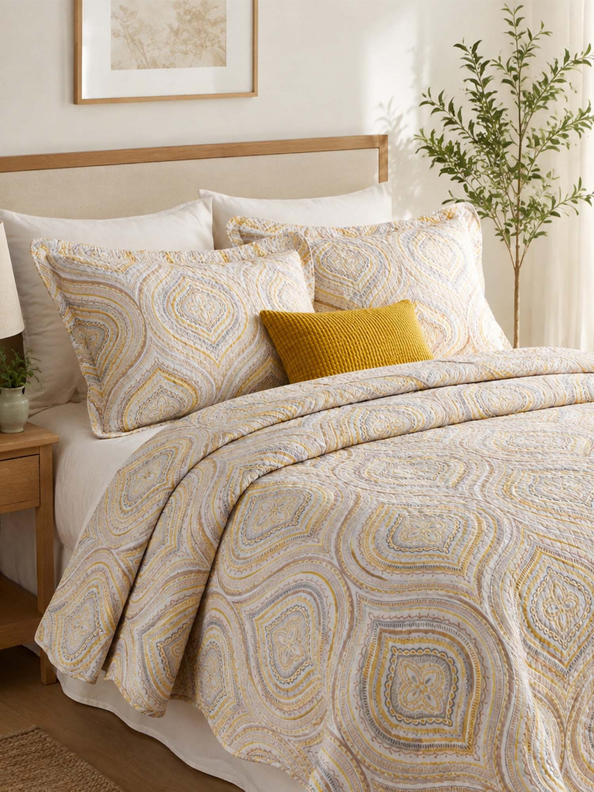 Yellow Grey Geometric Ogee Pattern Quilted 3‑Piece Bedding Set