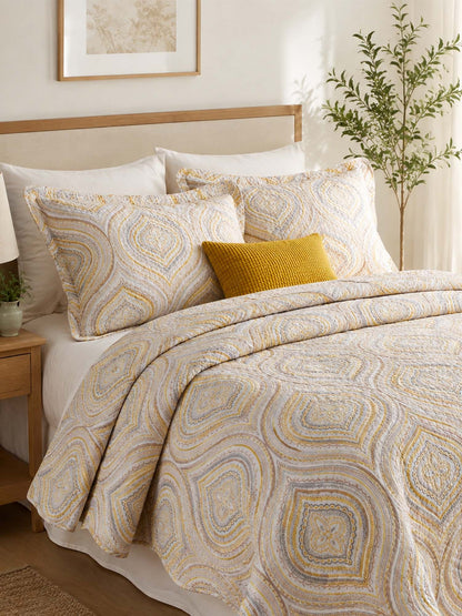 Yellow Grey Geometric Ogee Pattern Quilted 3‑Piece Bedding Set