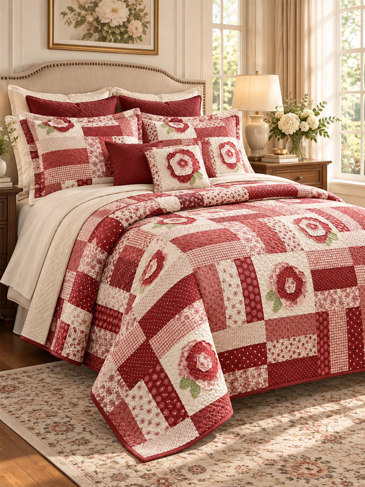 Red Rose Country Patchwork Quilted 3-Piece Bedding Set