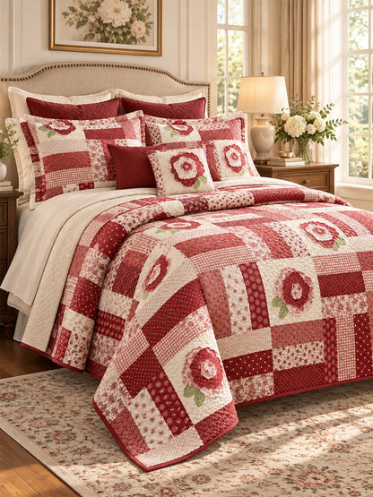 Red Rose Country Patchwork Quilted 3-Piece Bedding Set