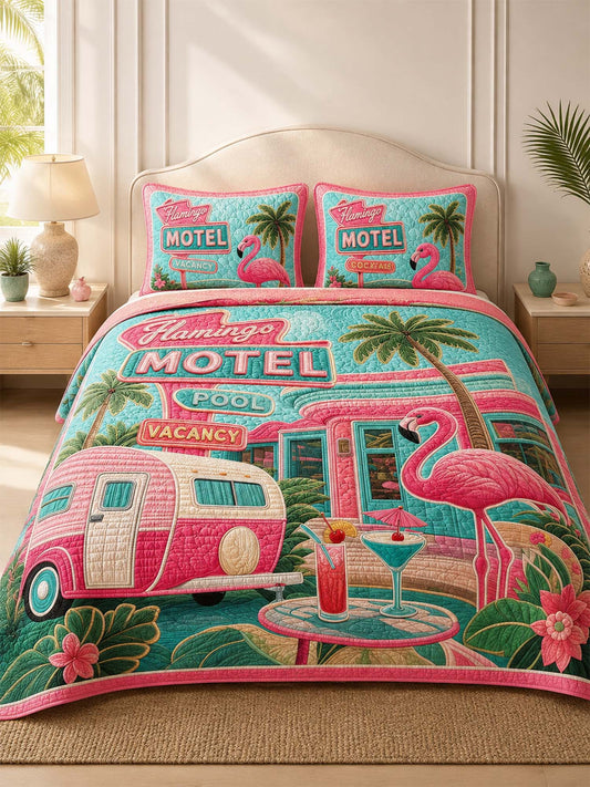H.PAI Flamingo Motel Tropical Paradise Quilted 3-Piece Bedding Set